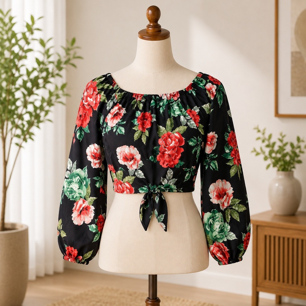 NWT Cupshe Floral Crop Top Womens M Black Red Rose Off Shoulder Tie Back Balloon